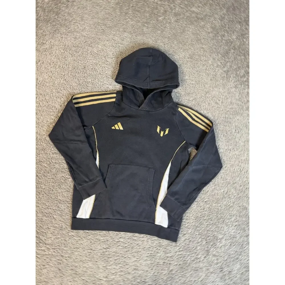 Adidas Hoodie Boys Medium Years Black Pullover Gold Stripes Messi Logo Fleece